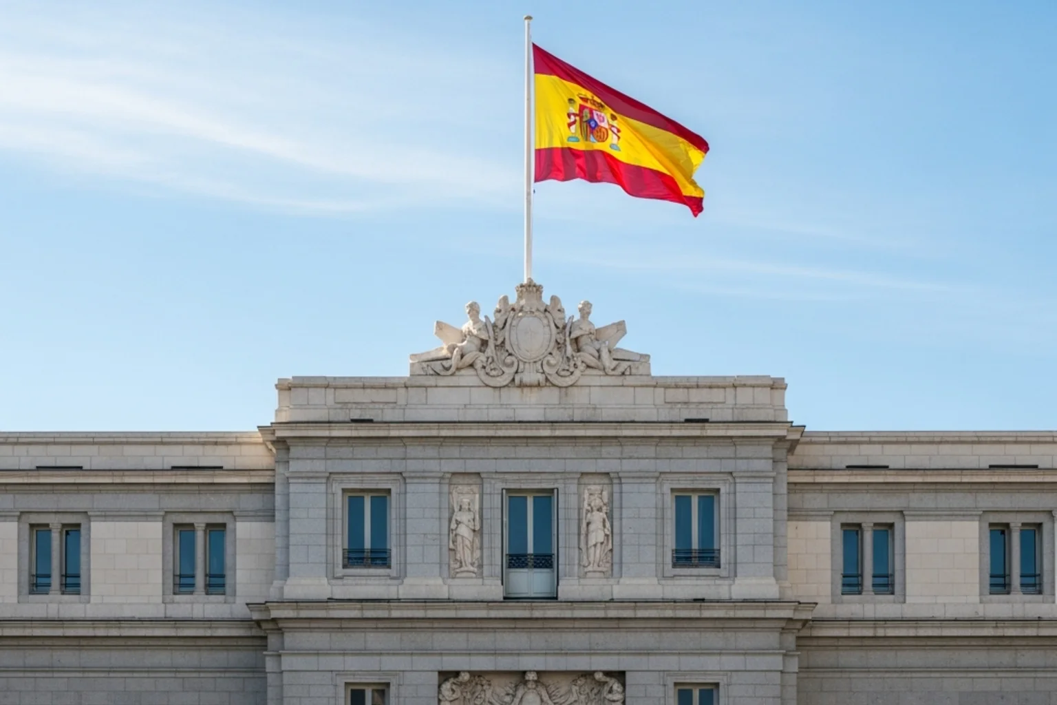 Fachada de un edificio administrativo oficial en Madrid con bandera de España ondeando