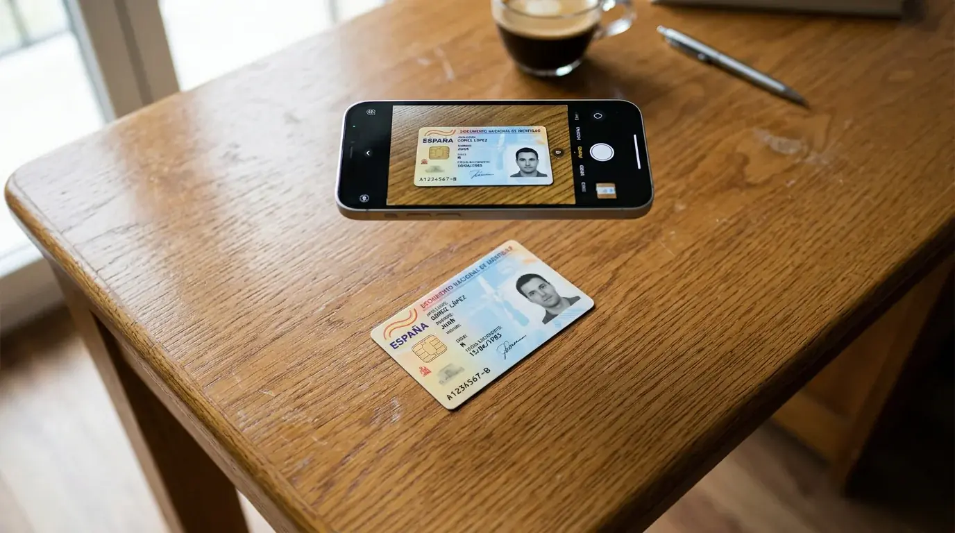 Documento de identidad español sobre escritorio junto a smartphone que fotografía el documento