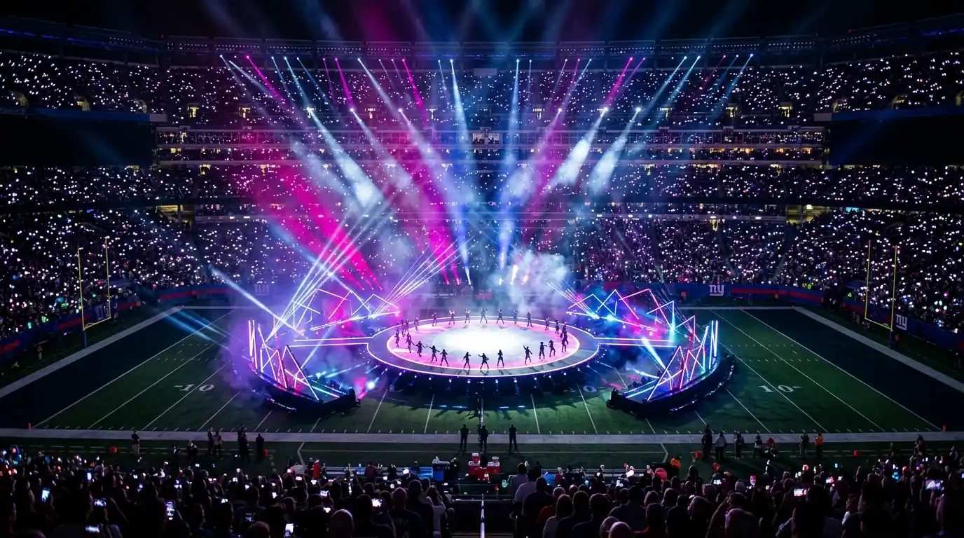 Escenario iluminado del halftime show del Super Bowl LX con público y efectos de luz